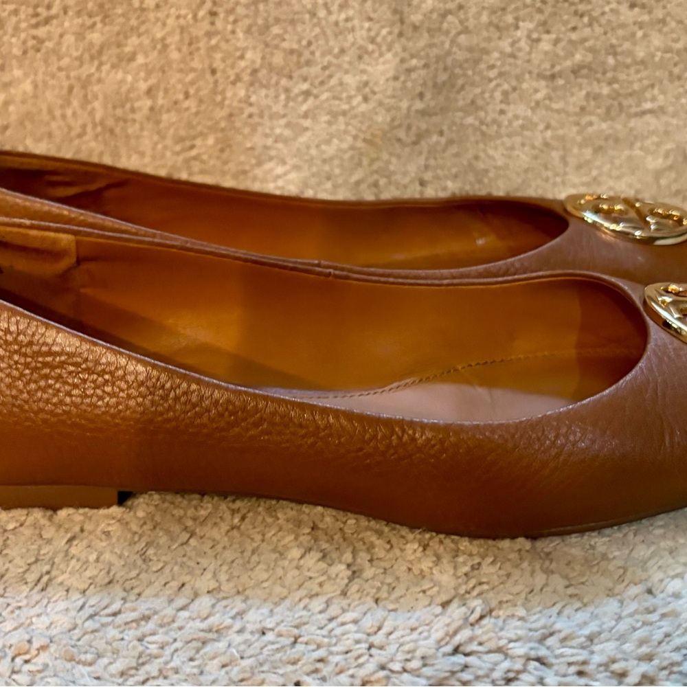 Tory Burch Cognac Leather Logo Round-Toe Flats - Picture 3 of 7
